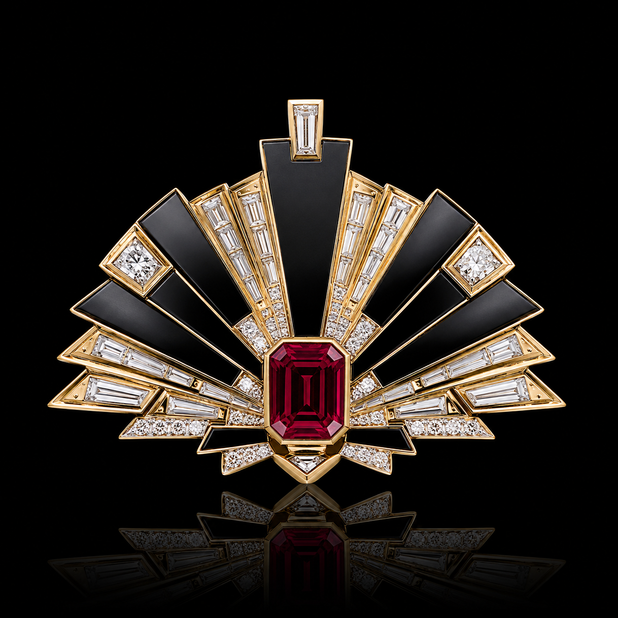 Broche orné de diamants et d'une grande pierre rouge centrale, avec un design géométrique en forme de rayons