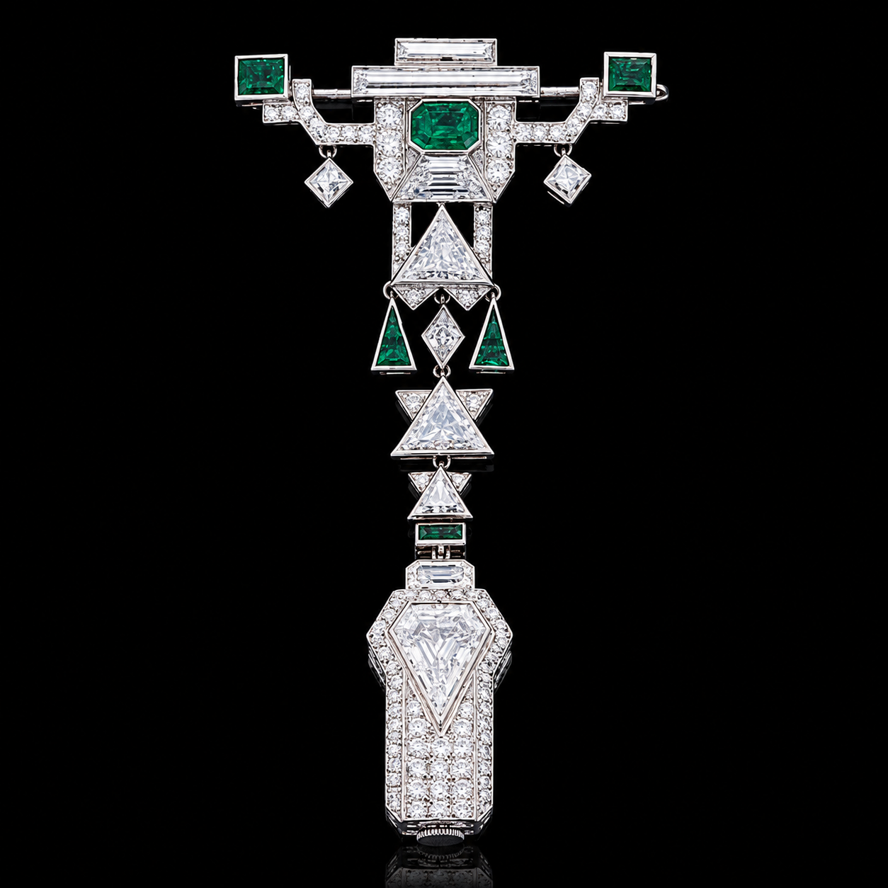 Broche orné de diamants et d'émeraudes brillantes, de forme géométrique, avec une pyramide en diamant au centre, posé sur un fond noir.