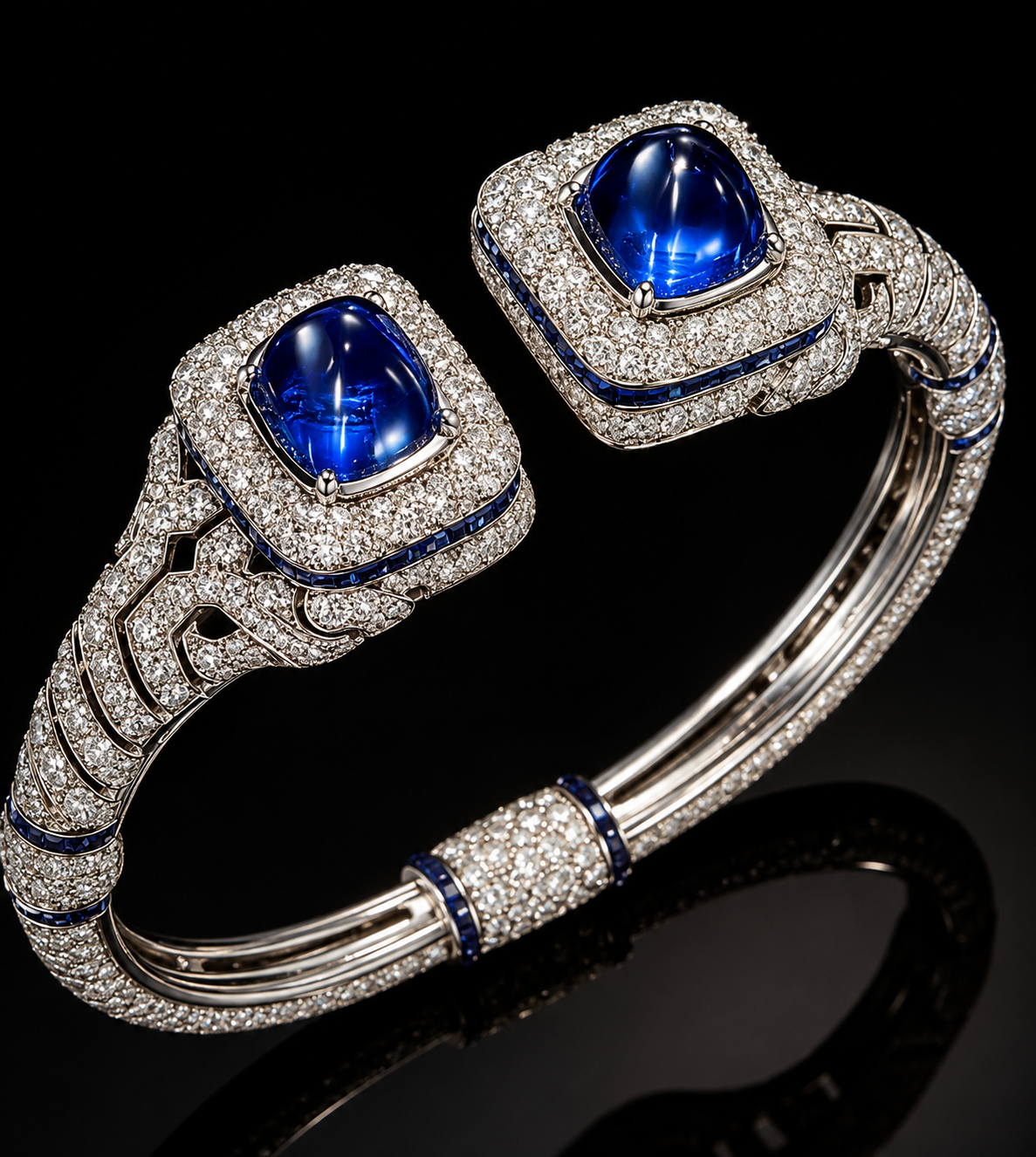 Bracelet en or blanc orné de diamants et de saphirs bleus avec deux cabochons de saphir en haut.