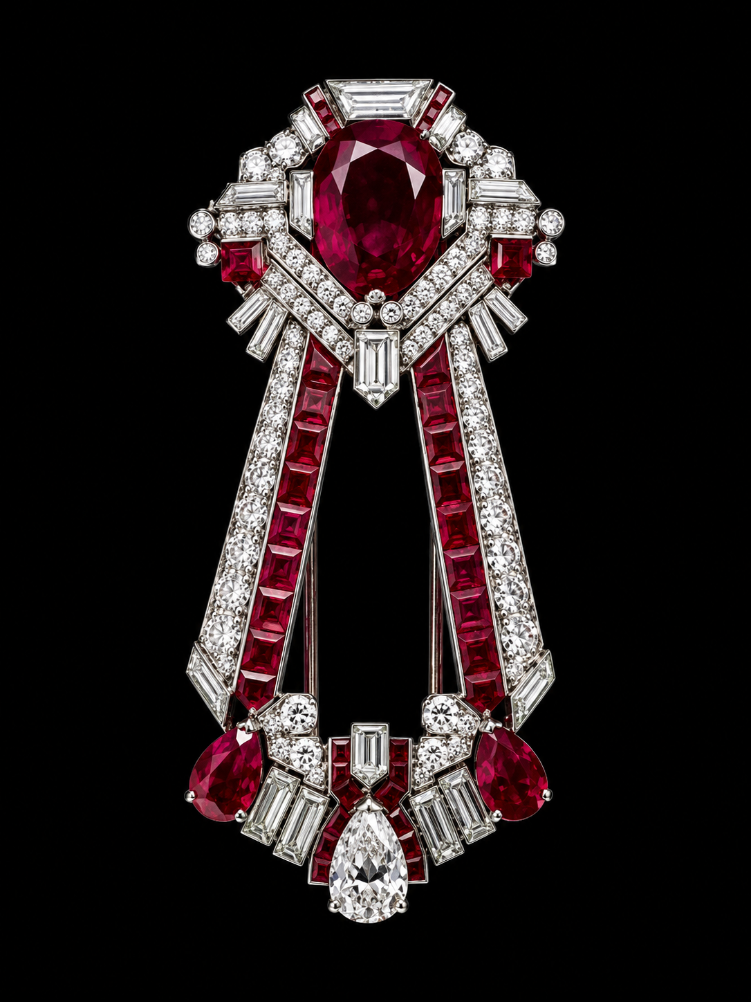 Bijou orné de rubis rouges, diamants et autres pierres précieuses, en forme de médaillon suspendu.
