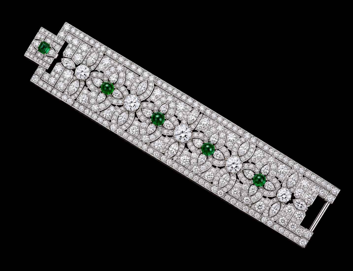OSTERTAG - Bracelet en or blanc orné de diamants, avec des perles vertes et des diamants blancs, présenté sur un fond noir