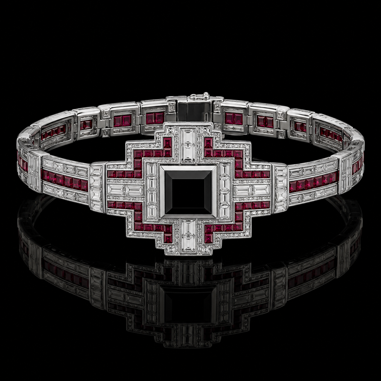Ostertag Paris - bracelet en or blanc orné de diamants et rubis, avec un design géométrique et central noir