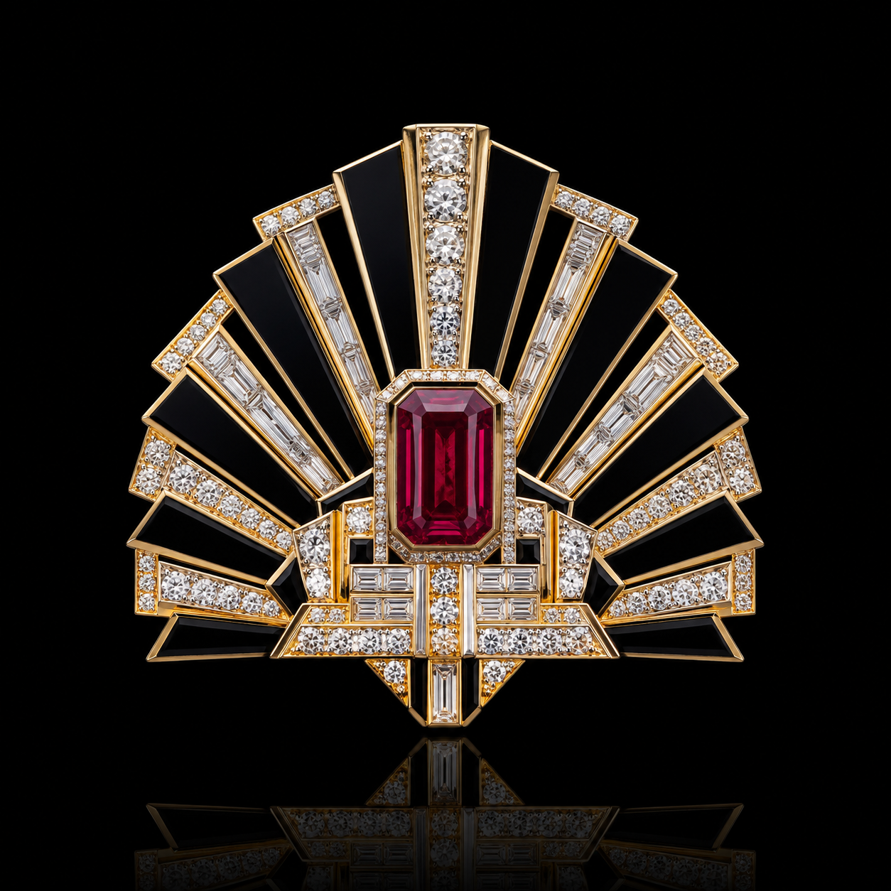 Broche ornée de diamants, de noir et d'une pierre rouge au centre, conçu dans un style Art déco, sur fond noir.