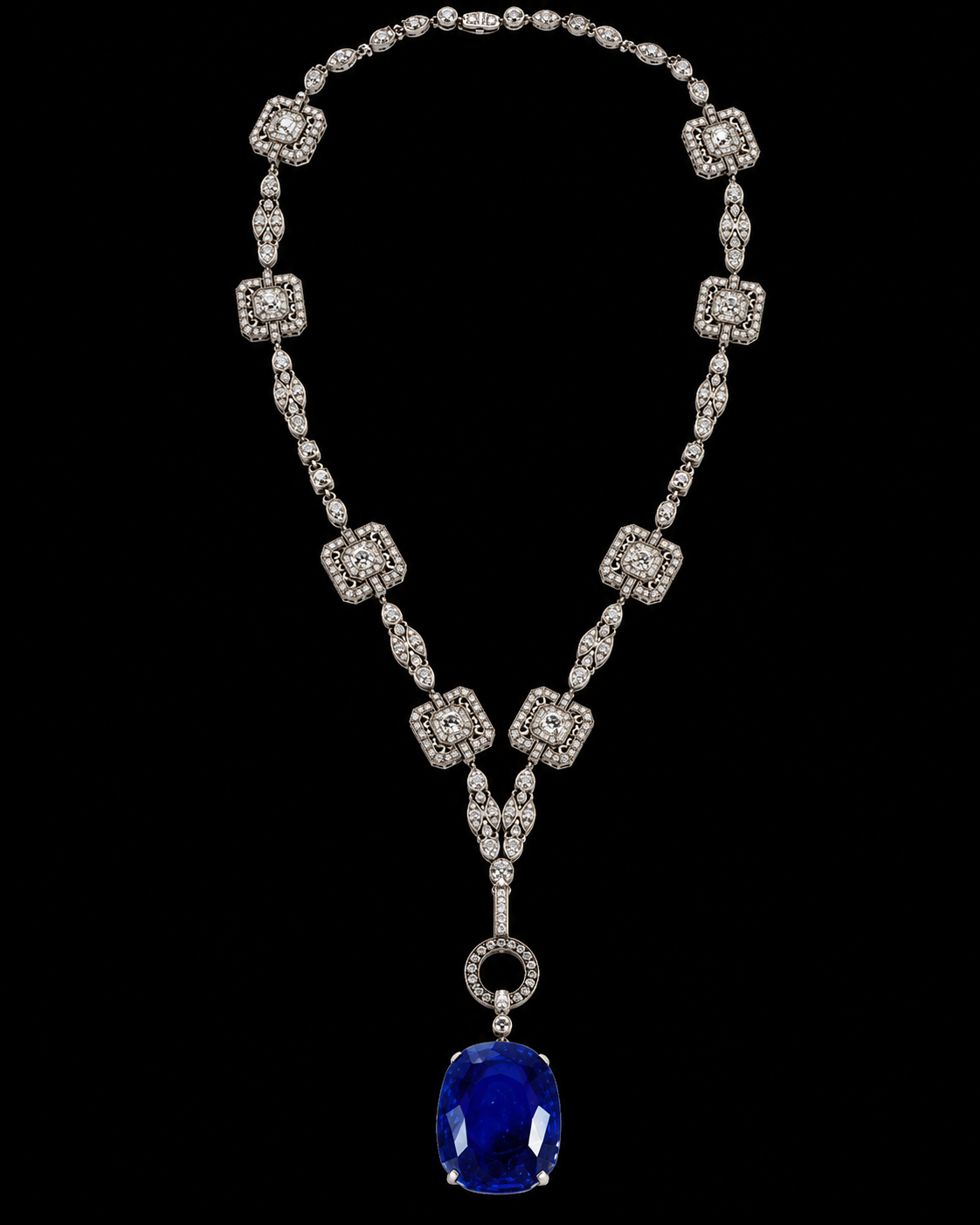 Collier en or blanc avec des diamants et un pendentif avec une grande pierre de saphir bleu.