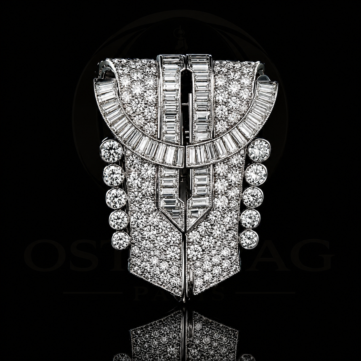 Broche en forme de tête d'oiseau ornée de diamants, sur fond noir.