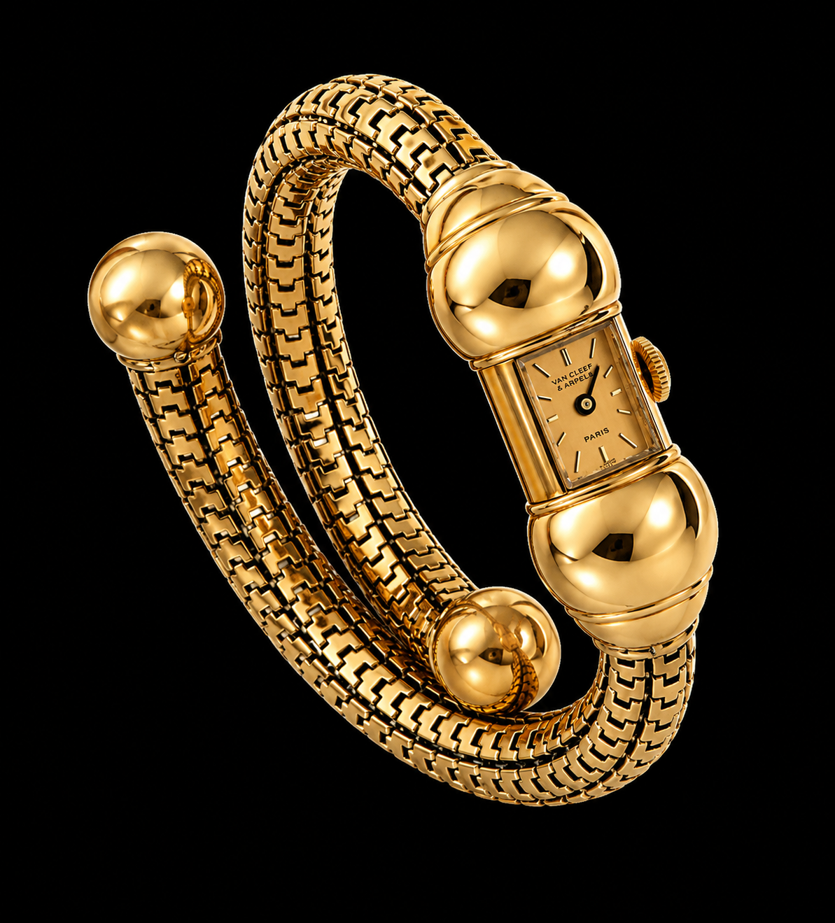 Montre en or avec bracelet en chaîne, design contemporain et luxueux, sur fond noir.