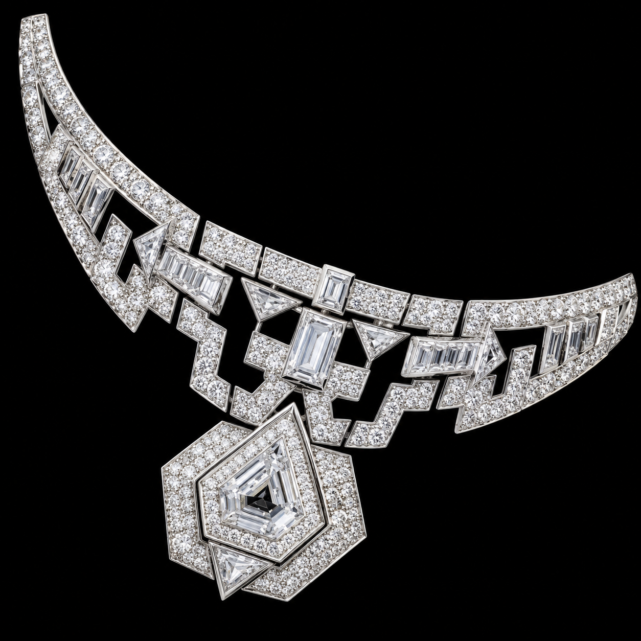 collier en diamants avec pendentif géométrique ancien