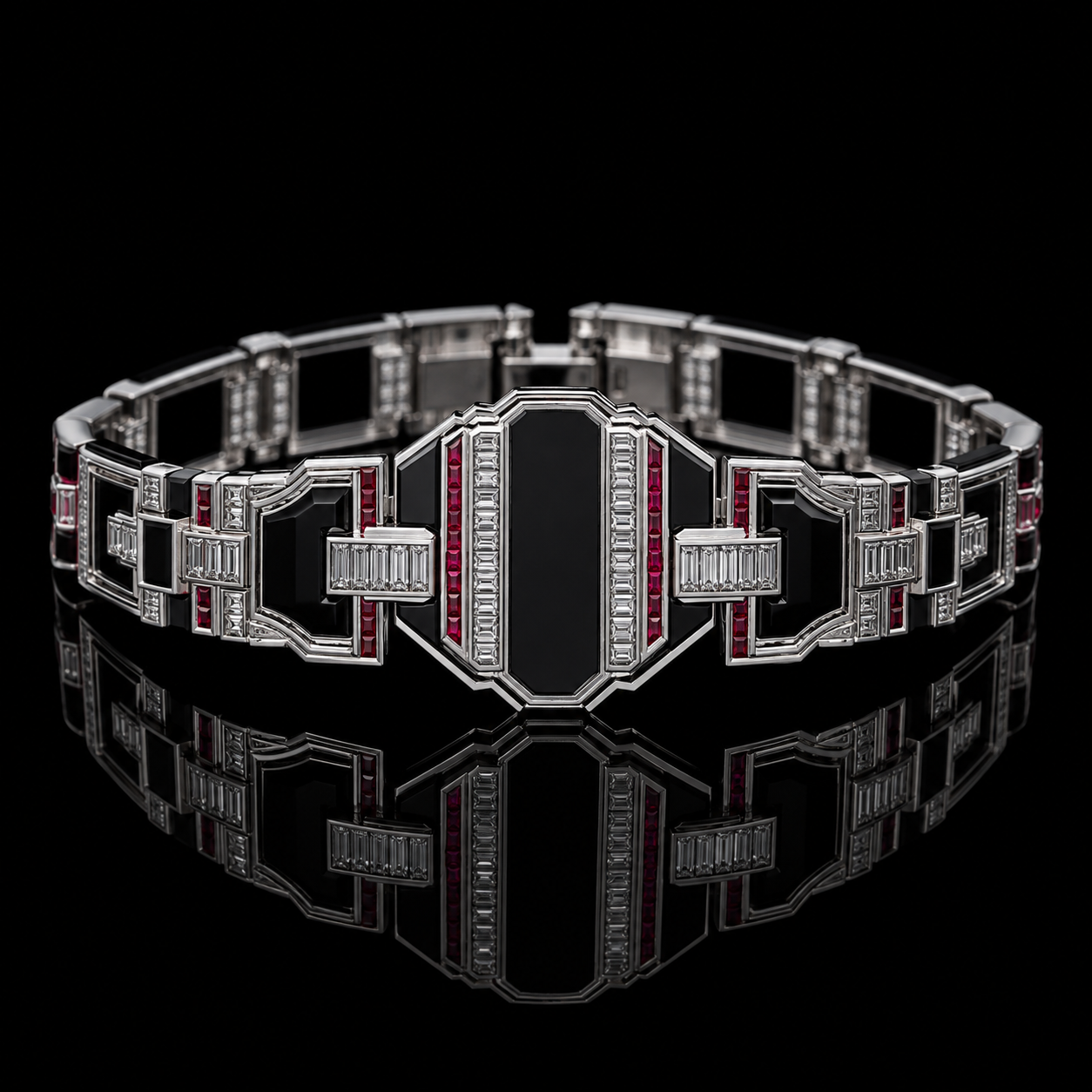 Ostertag Paris - bracelet en or blanc orné de diamants noirs, rubis et diamants clairs sur fond noir