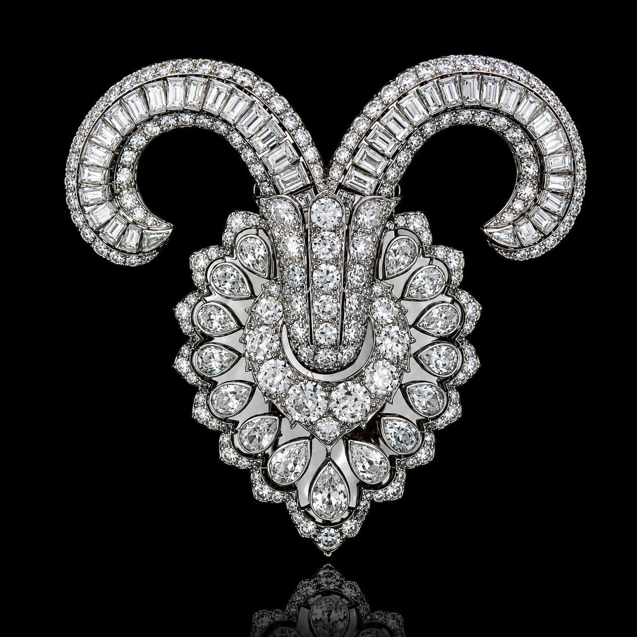 OSTERTAG - Broche en forme de tête de mouton avec des pierres précieuses incrustées, fond noir.