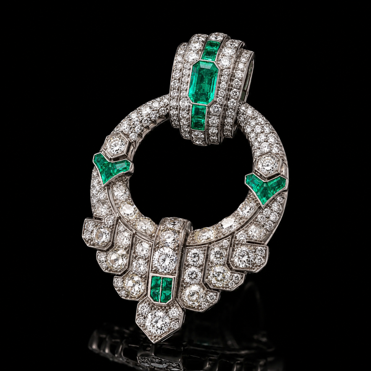 Une parure de bijoux composée d'un collier et d'une bague en or blanc, ornés de diamants et d'émeraudes.