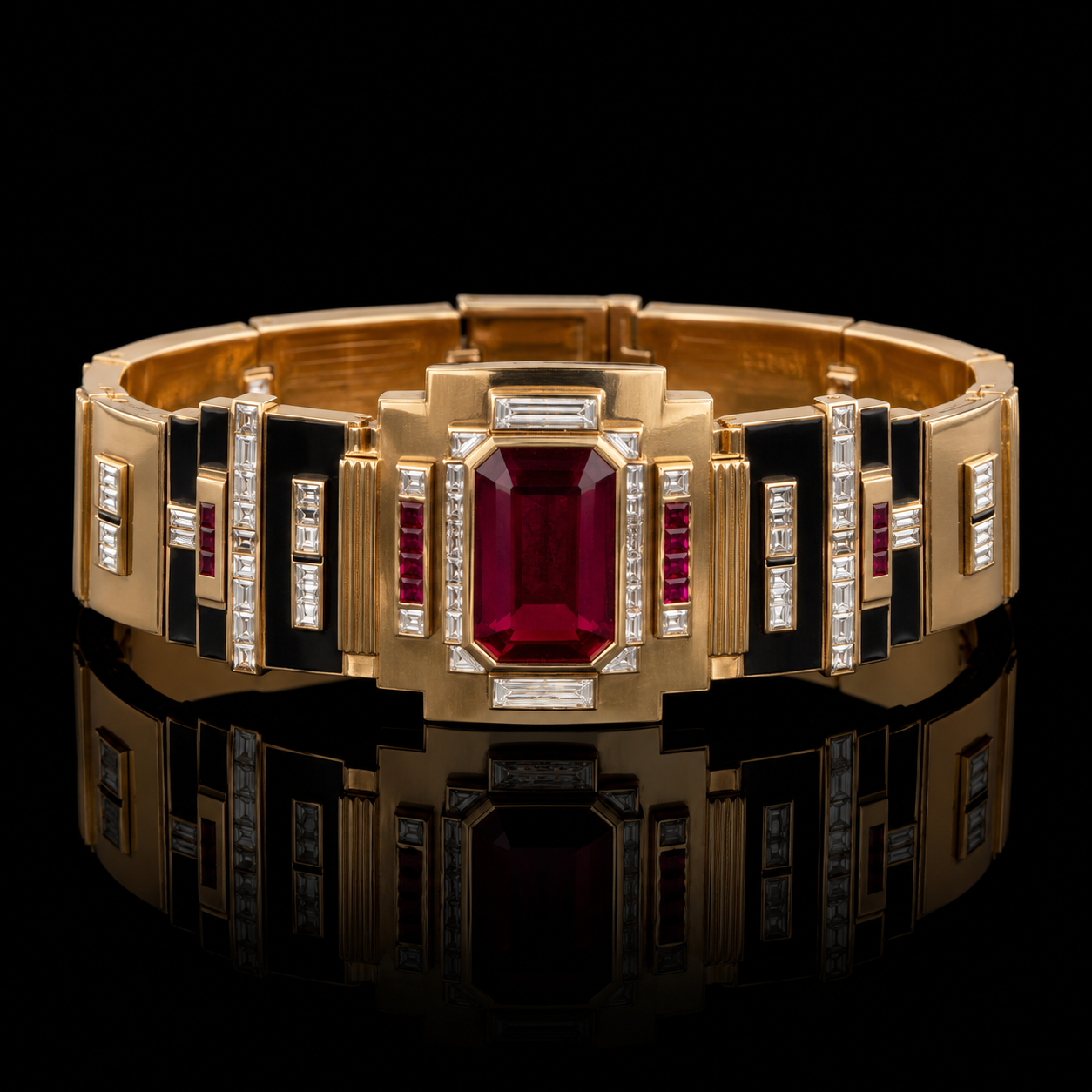 Ostertag Paris - Bracelet en or avec un grand rubis rouge au centre, entouré de diamants et d'élégantes pierres noires, sur fond noir reflet de la pièce.
