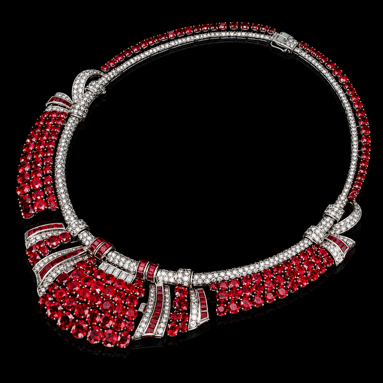 Collier de bijoux avec des pierres rouges et blanches sur un fond noir.