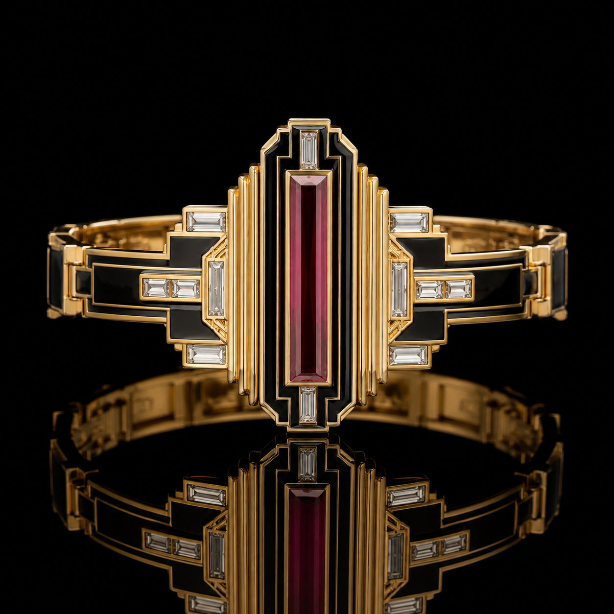 Ostertag Paris - Bracelet en or jaune ornée d'un grand rubis rectangulaire au centre, entourée de diamants et de détails géométriques noirs, sur fond noir refletant la bague.