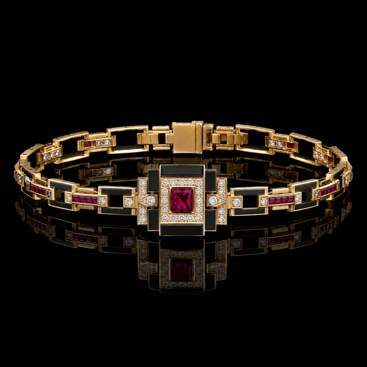 Ostertag Paris - bracelet en or avec des pierres précieuses rouges, noires, et des diamants