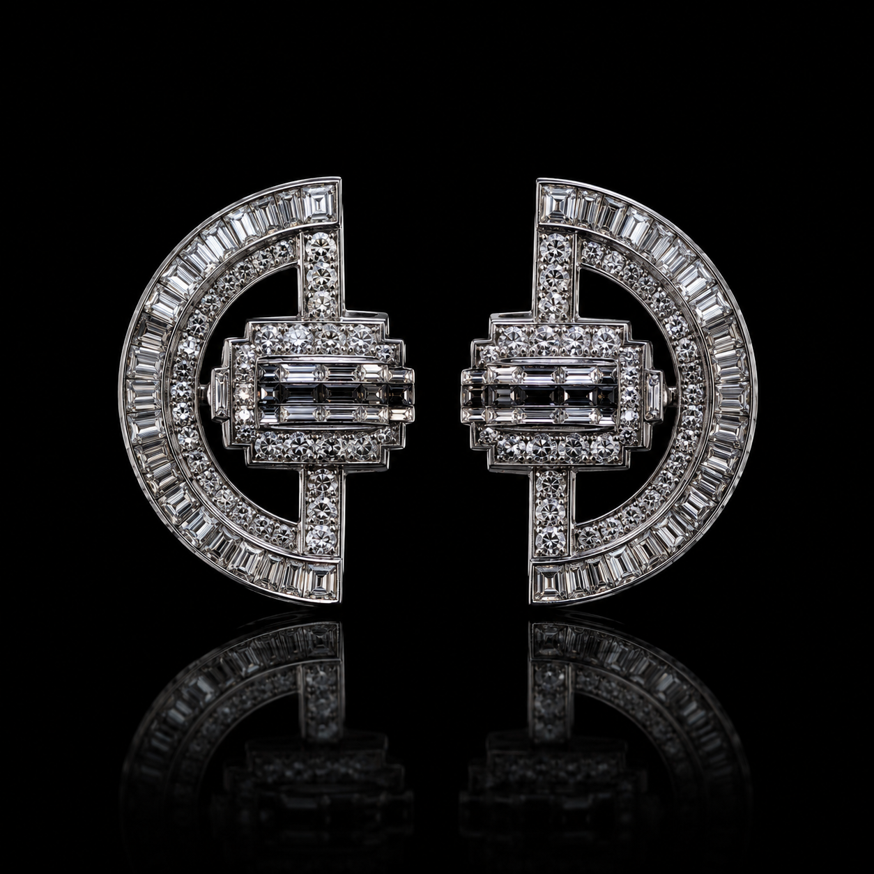 Boucles d'oreilles en diamant en forme géométrique, symétriques, avec réflexion sur fond noir.