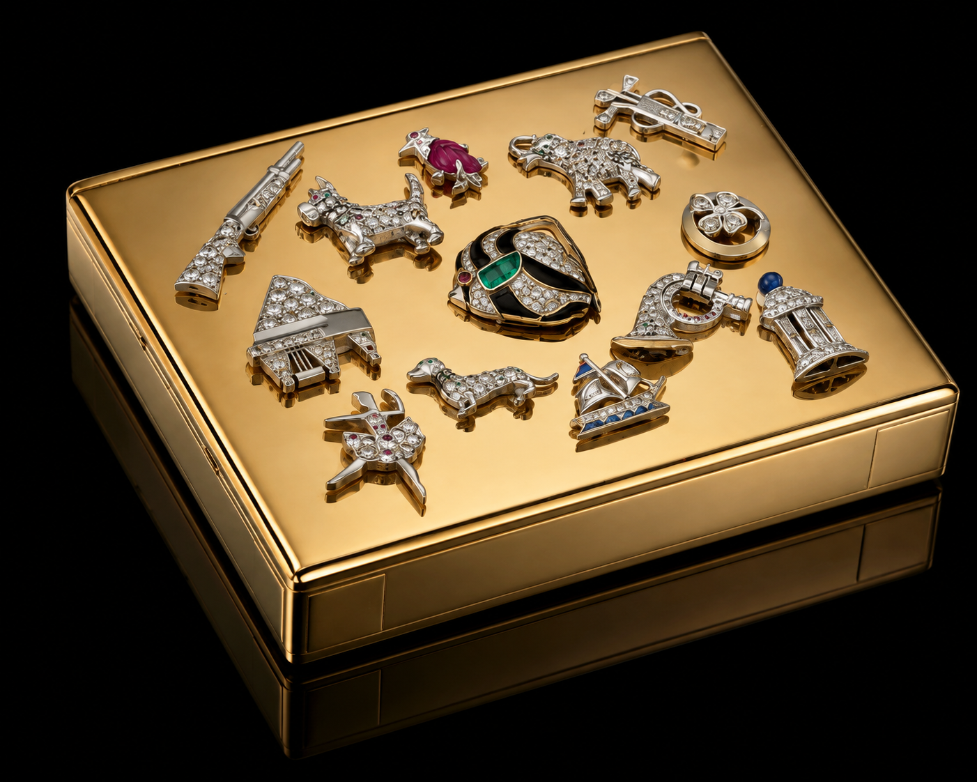 Boîte en or contenant diverses broches de luxe ornées de diamants et de pierres précieuses, avec des formes d'animaux, d'instruments de musique, de paysages et d'autres motifs.
