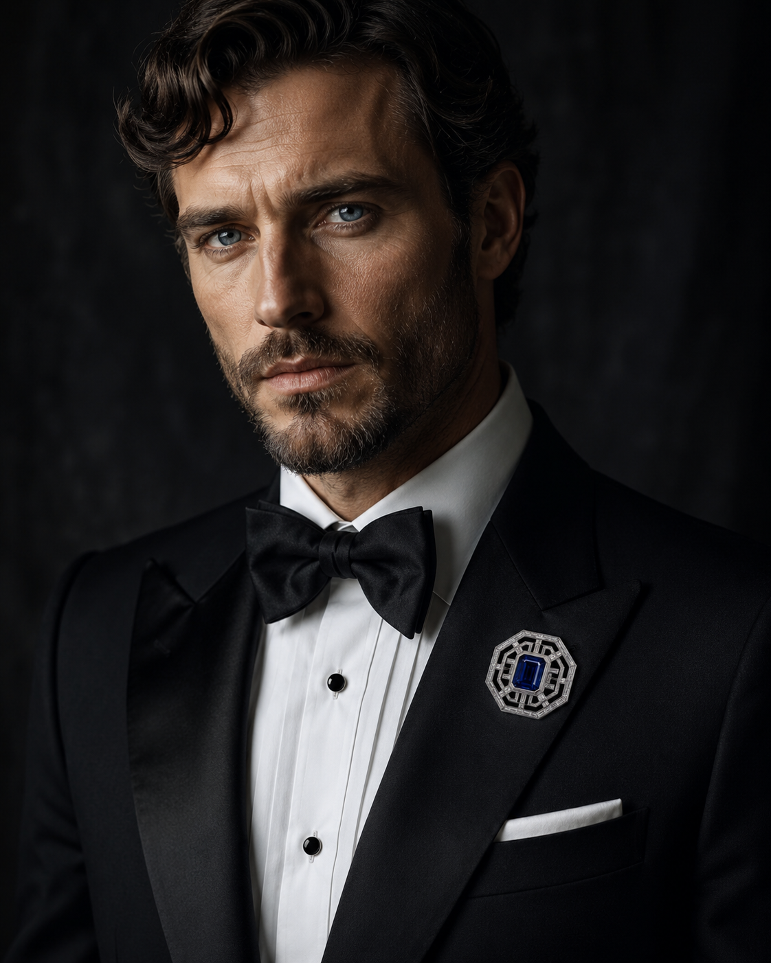 Homme en smoking noir avec nègre et nœud papillon, portant une broche ornementale avec une pierre bleue, fond sombre.