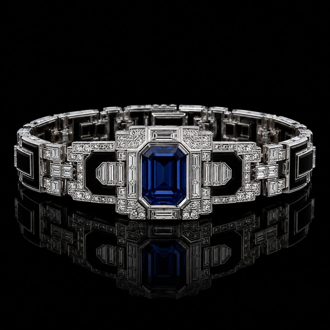 Ostertag Paris - bracelet en or blanc avec un grand saphir bleu au centre, entouré de nombreux diamants, sur un fond noir.