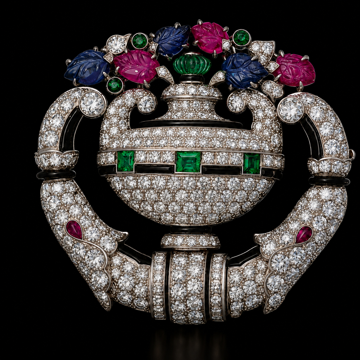 OSTERTAG - Broche en forme de téléphone ancien, ornée de nombreux diamants, rubis, émeraudes, et de fleurs en émail coloré, avec une main en diamants.