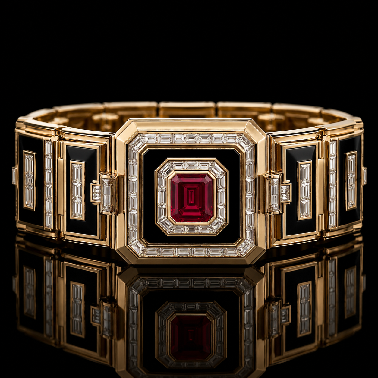 Bracelet en or avec un grand rubis central entouré de diamants, fond noir.
