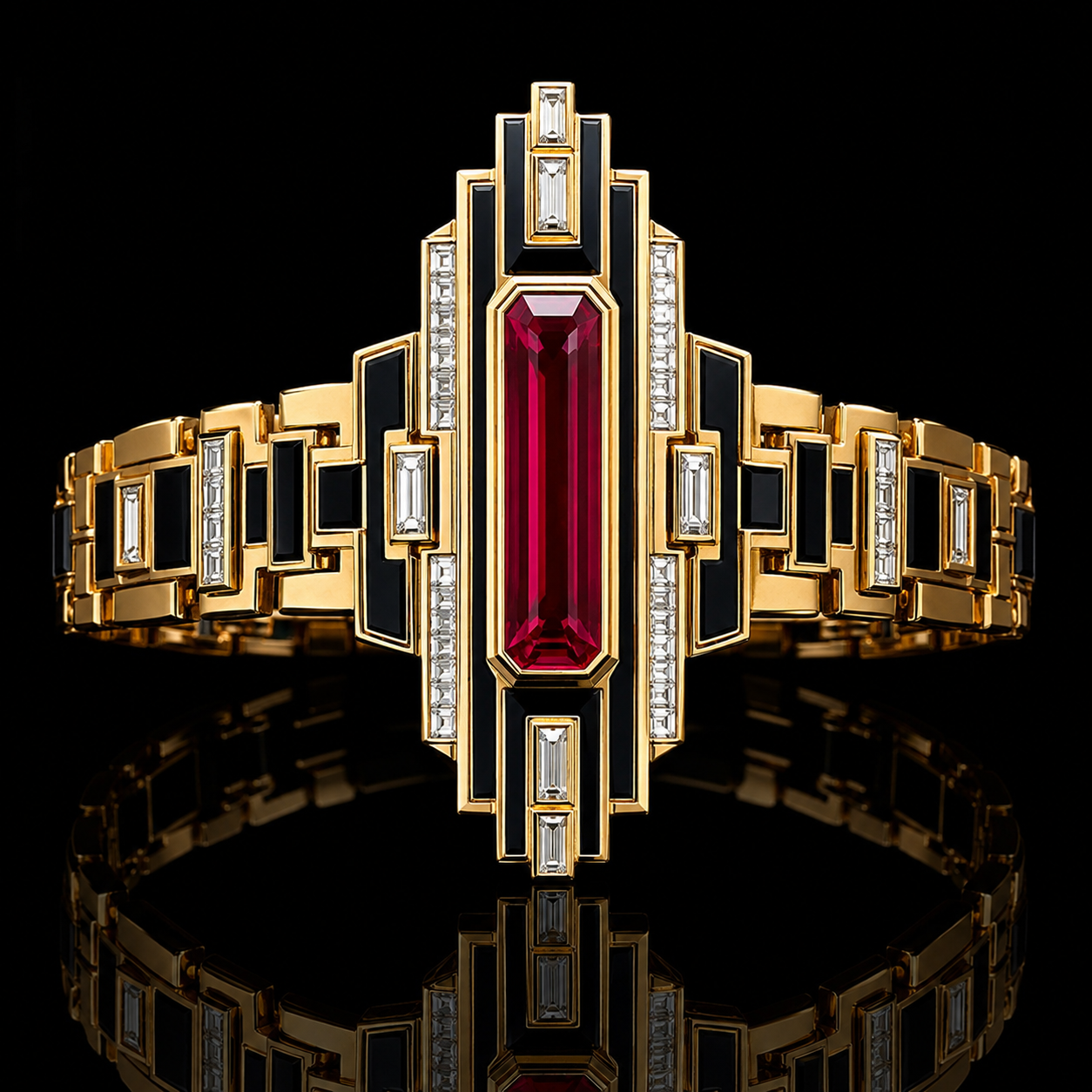 Bijou en or jaune avec un grand rubis rectangulaire au centre entouré de diamants et de noir émail, posé sur un fond noir avec un reflet en dessous.