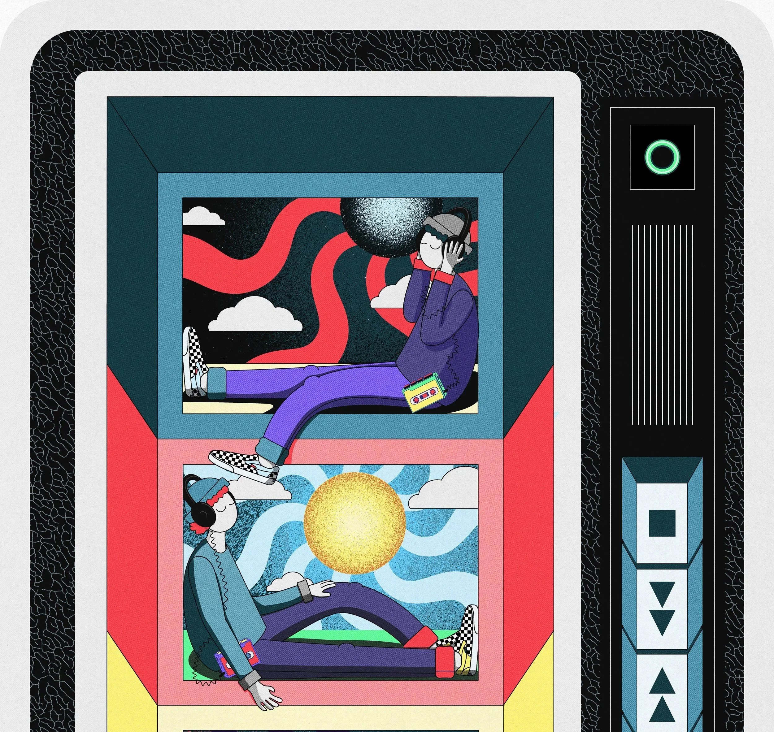 Two young people in colorful outfits and headphones inside a vintage VHS machine with psychedelic backgrounds featuring clouds, the sun, and abstract shapes.