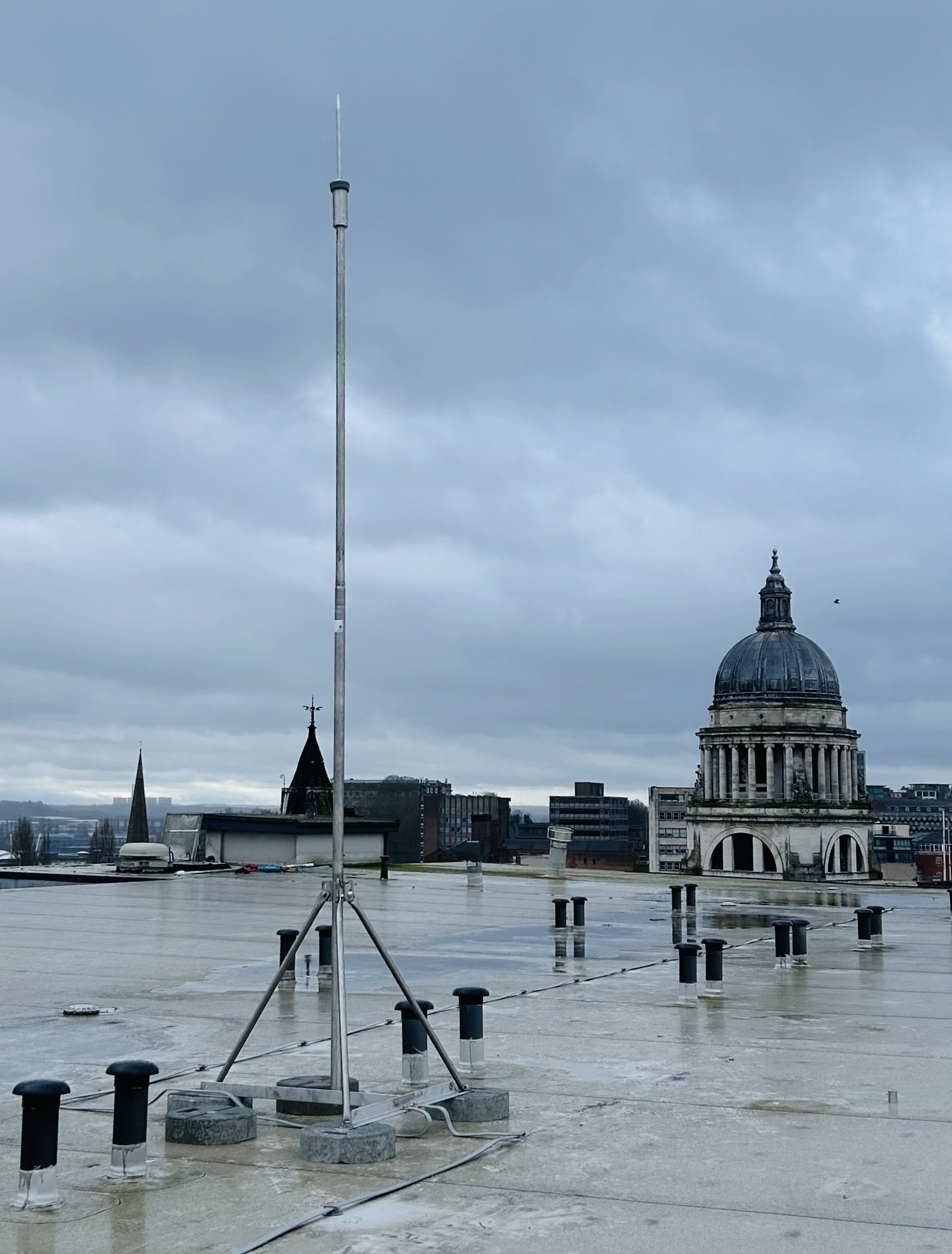 An early streamer emitter (ESE) installed on a roof top as part of a lightining conductor installation on a high rise building.