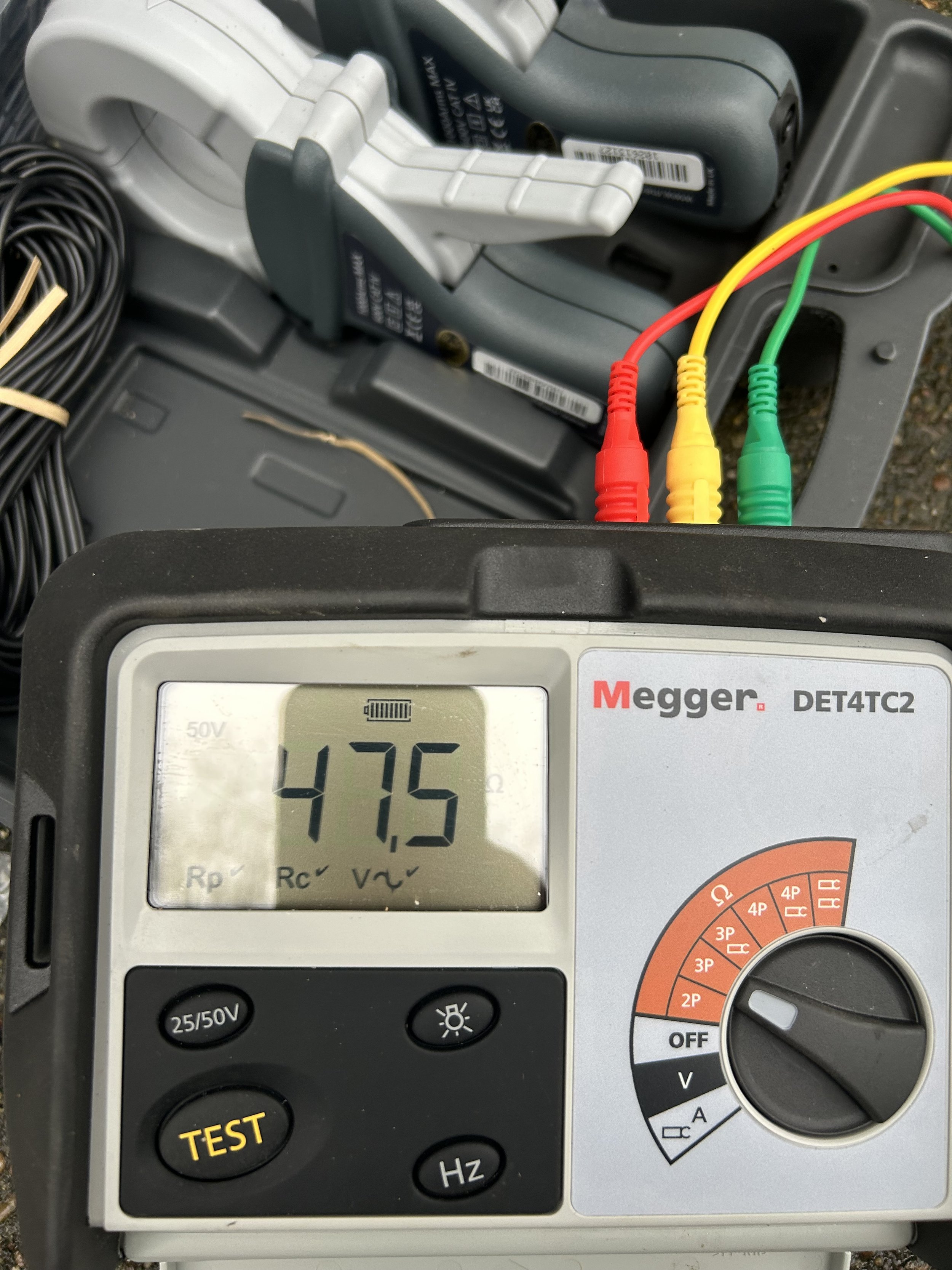 Earth resistance tester carrying out lightning conductor fall of potential test.