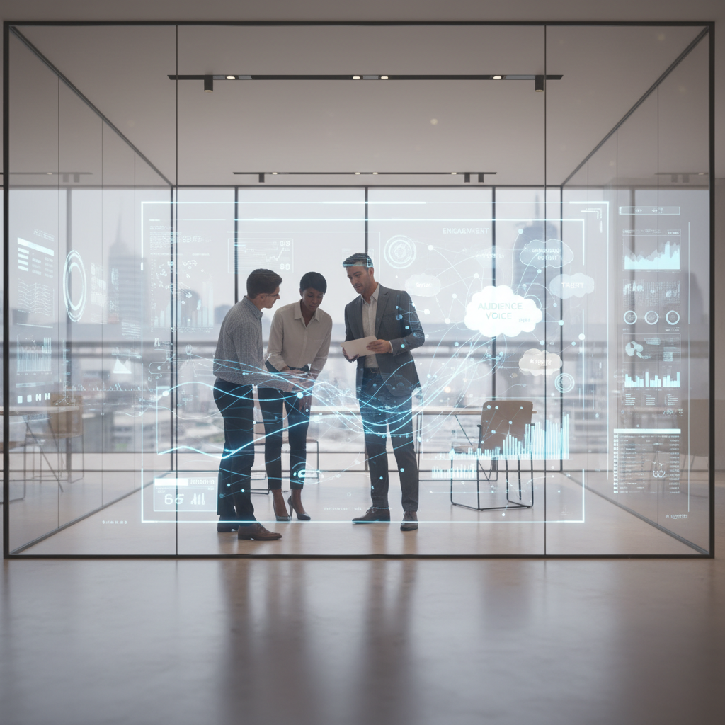 Three business professionals discussing data and analytics inside a modern office conference room with digital interface projections of graphs, charts, and cloud computing concepts.