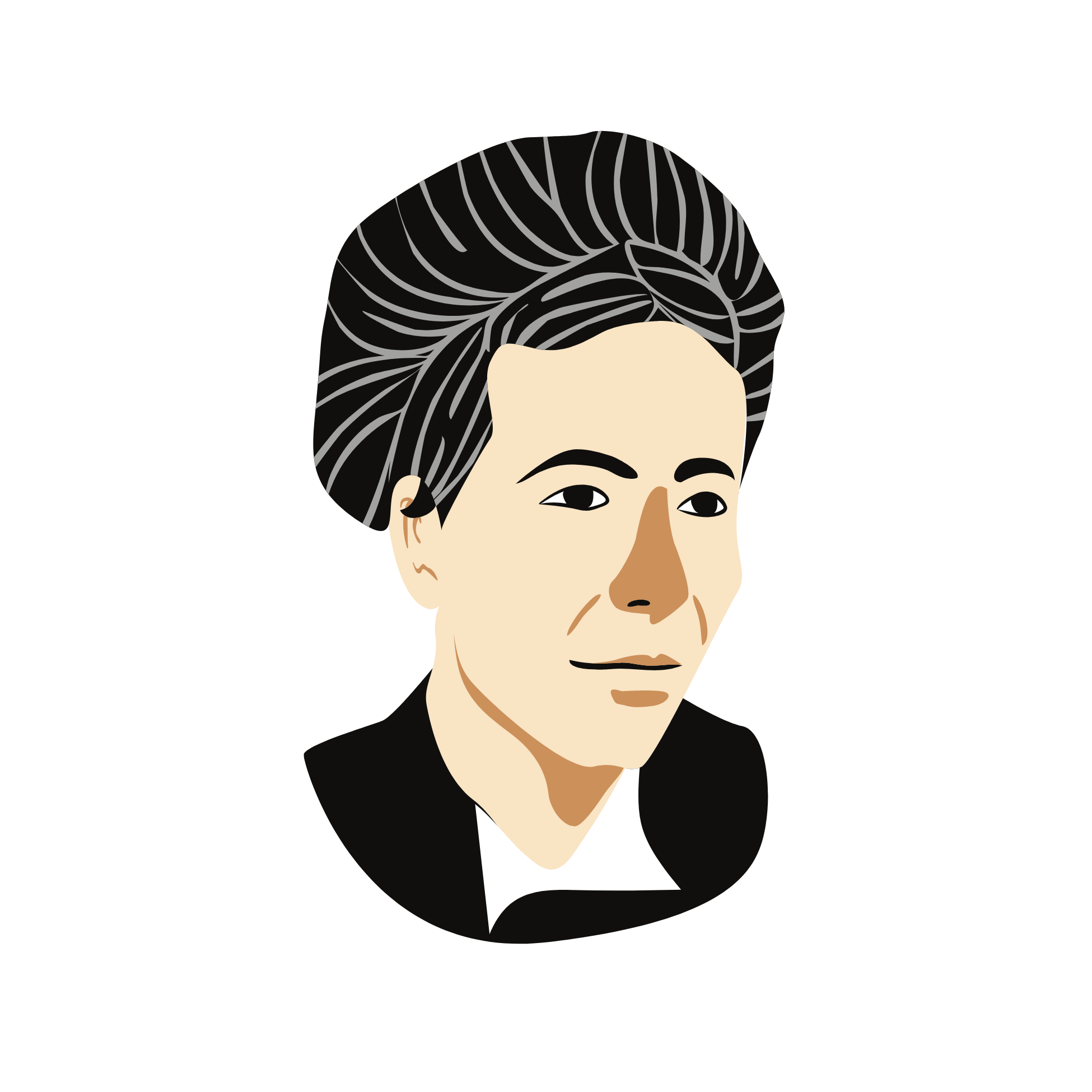 Portrait d'une femme Simone VEIL avec des cheveux noirs et bouclés, portant un costume noir et blanc, avec une expression calme et un fond noir.