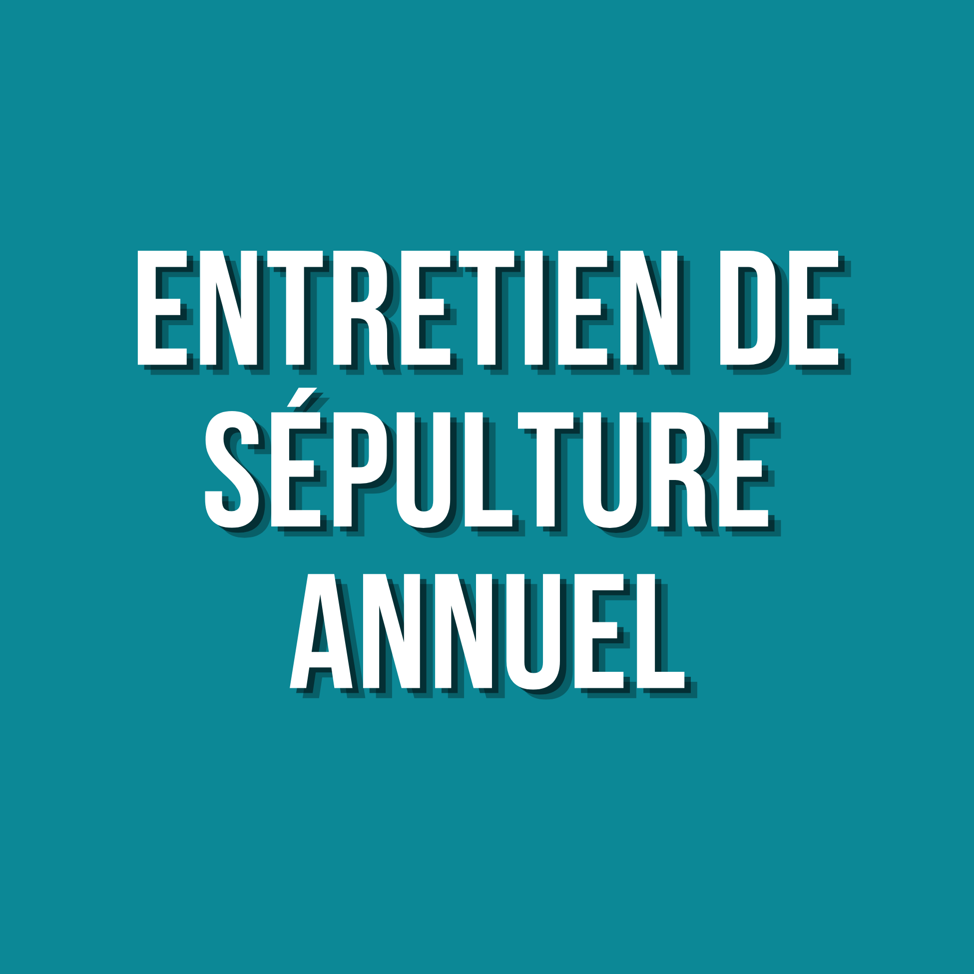 Affiche avec un fond bleu et un texte en blanc en grand et en gras indiquant "ENTRETIEN DE CRÉATION SEPULTURE ANNUELLE".
