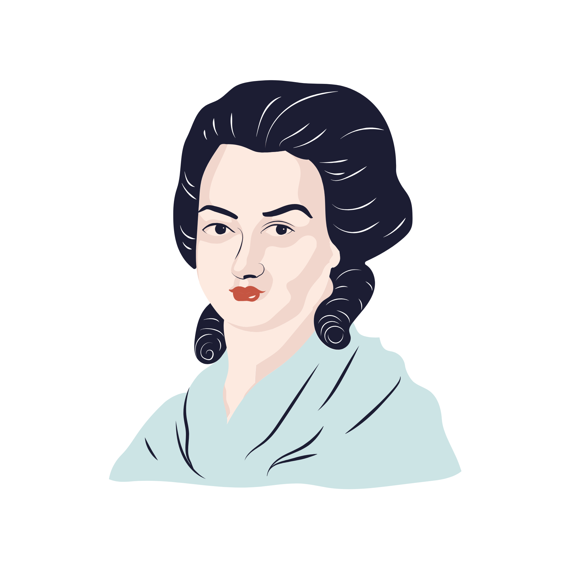 Portrait de Olympe DE GOUDES avec cheveux noirs bouclés, vêtue d'une tenue blanche, fond noir.