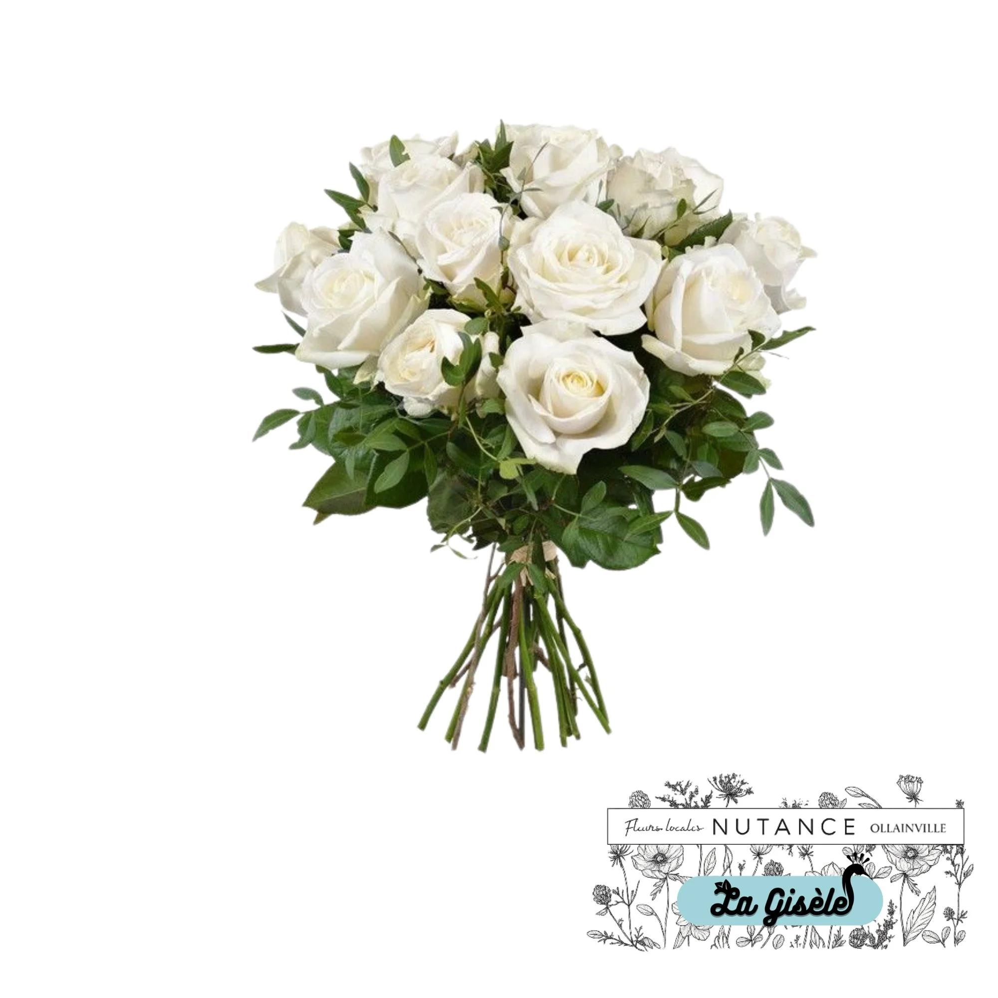 Bouquet de roses blanches avec des feuilles vertes.