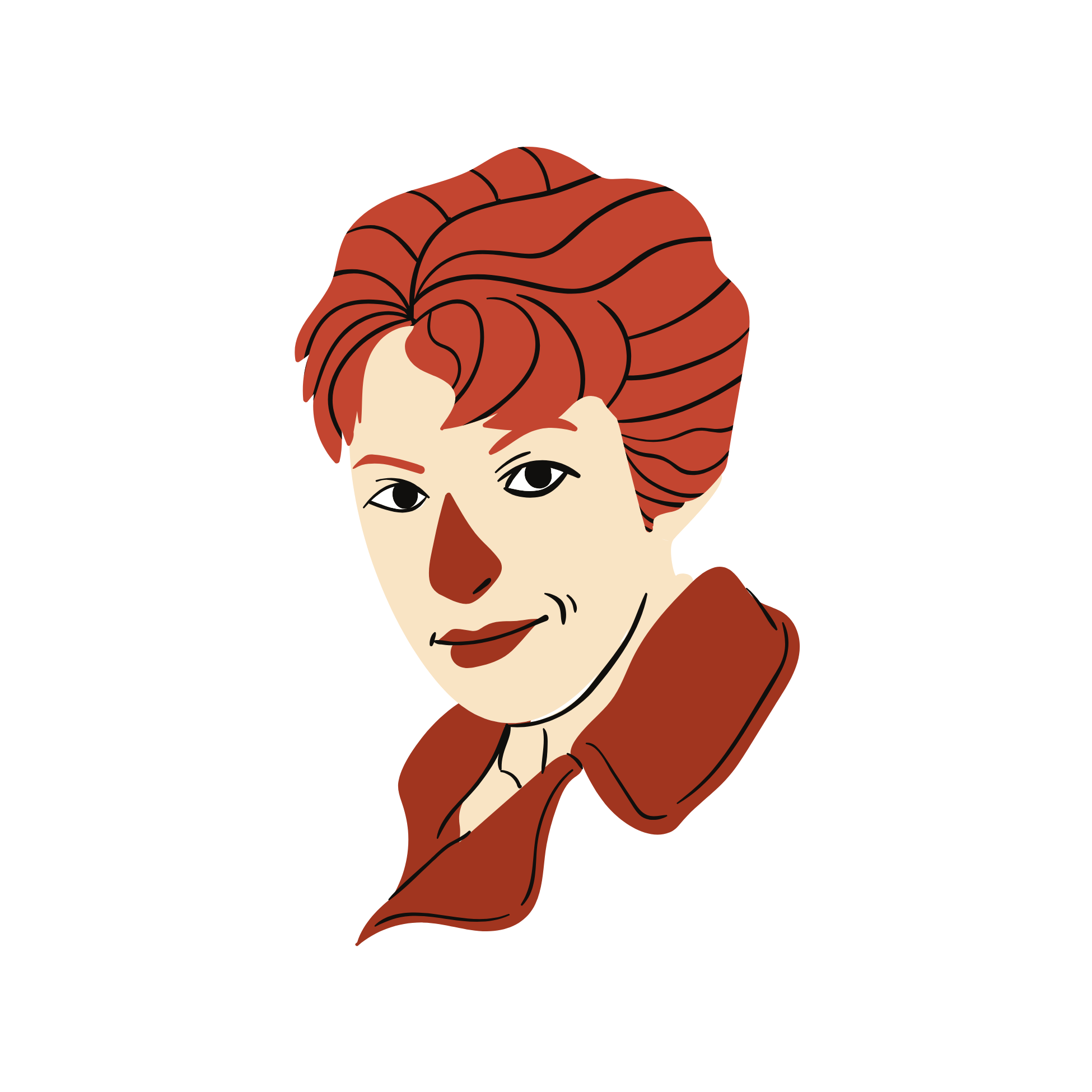 Portrait d'une femme, Amélia EATHART avec des cheveux courts et roux, portant un manteau marron.