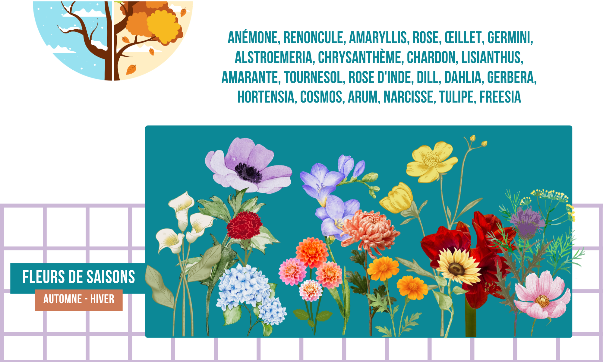 Une affiche présentant différentes fleurs de saison pour l'automne et l'hiver, avec un arbre stylisé en coin supérieur gauche et une grille en bas à gauche.