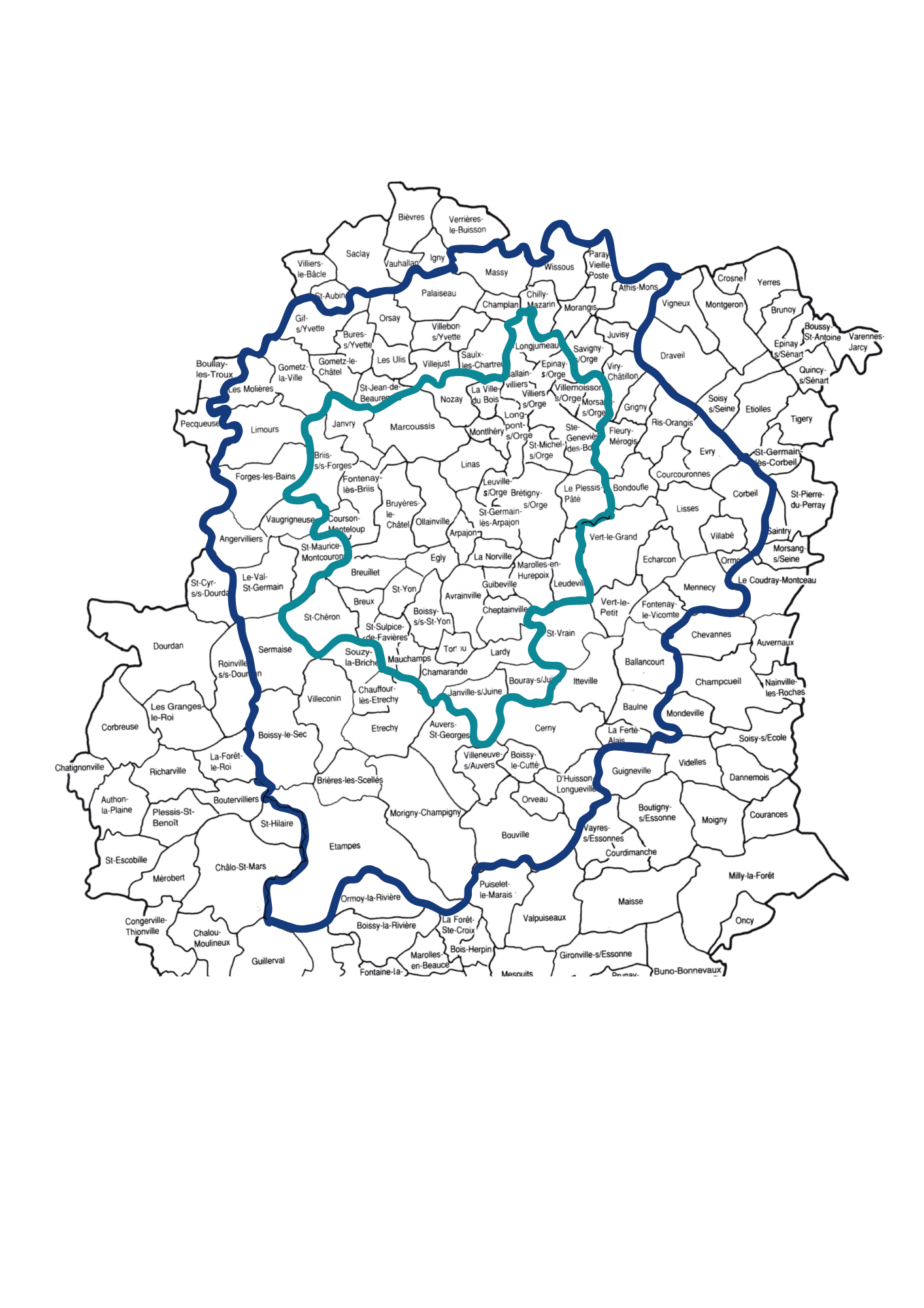Carte de la région avec des frontières soulignées en bleu et en cyan, montrant différents localités et départements.