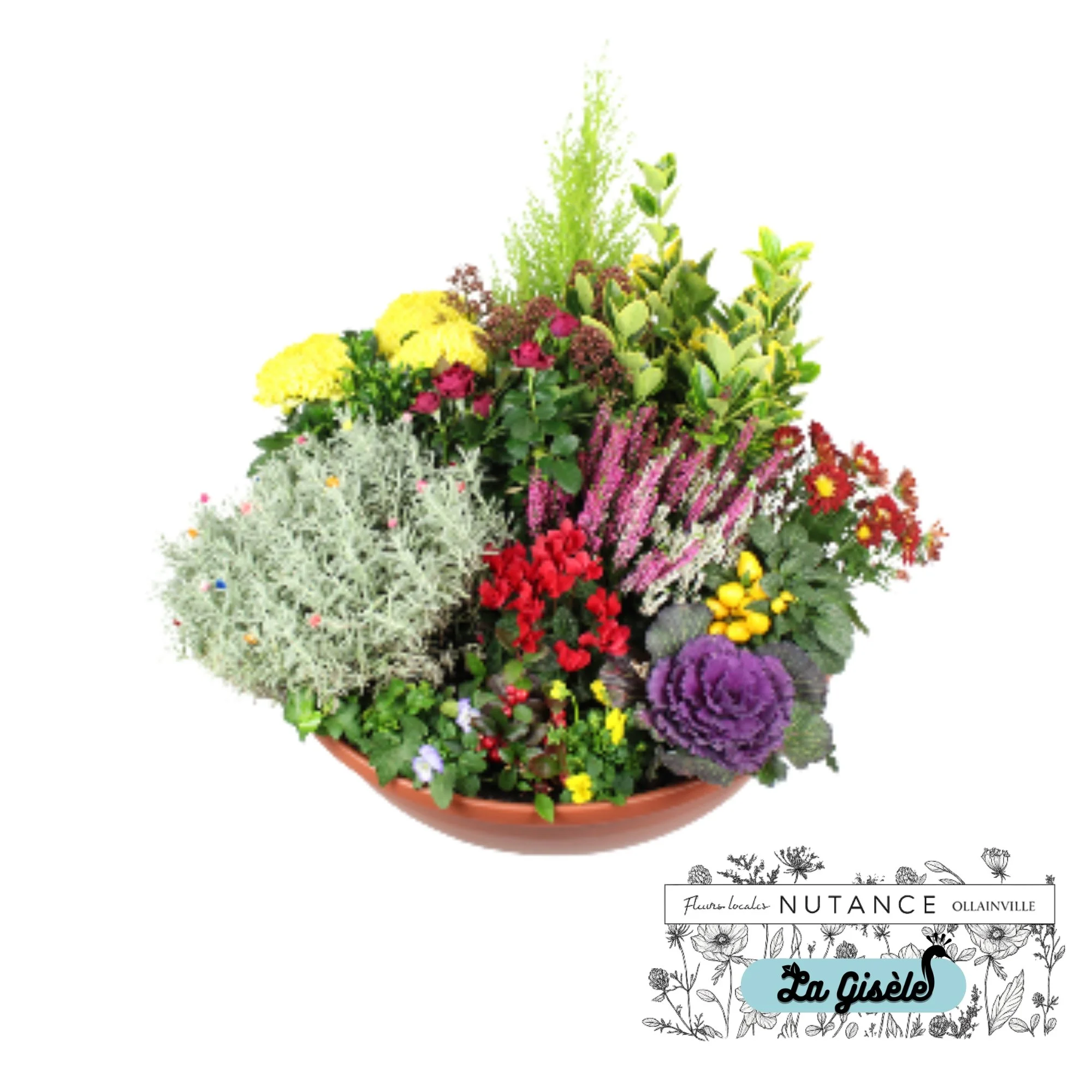 Grand panier de fleurs variées colorées comprenant des hortensias, de la renonculacée, de la bruyère, du chèvrefeuille et autres fleurs, présenté dans une jardinière en terre cuite.