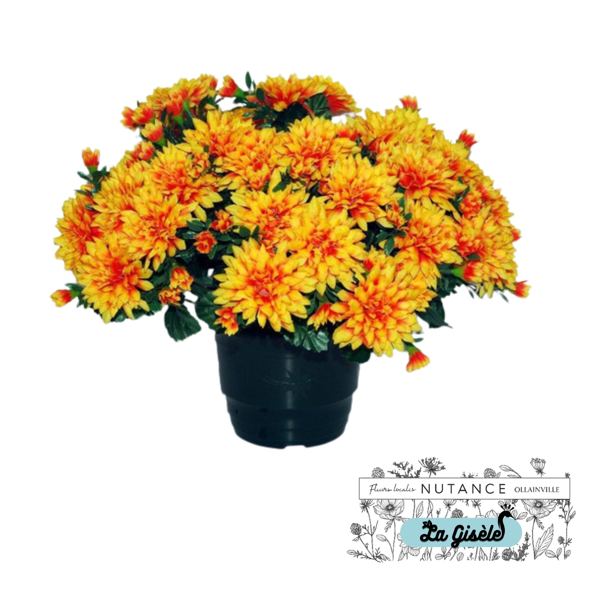 Un bouquet de fleurs jaunes et oranges dans un vase noir