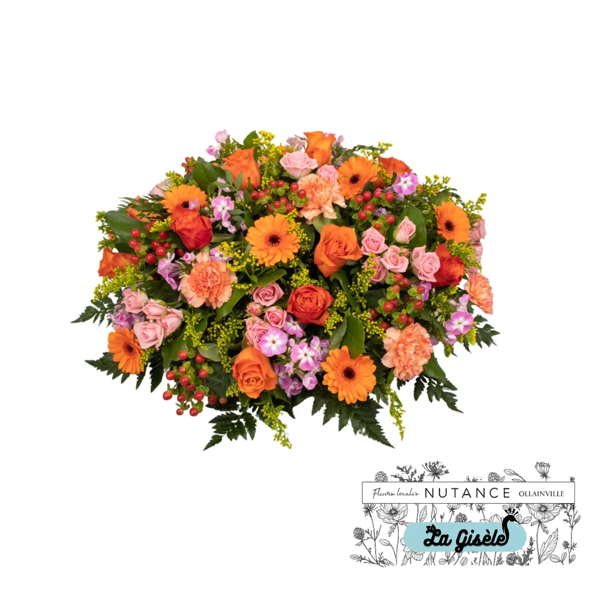 Une composition de fleurs colorées, comprenant des roses rose clair, des gerberas orange, des fleurs violet clair, des feuillages verts et des baies rouges. Au fond, un volet blanc avec une partie du logo 'La CiseLe'.