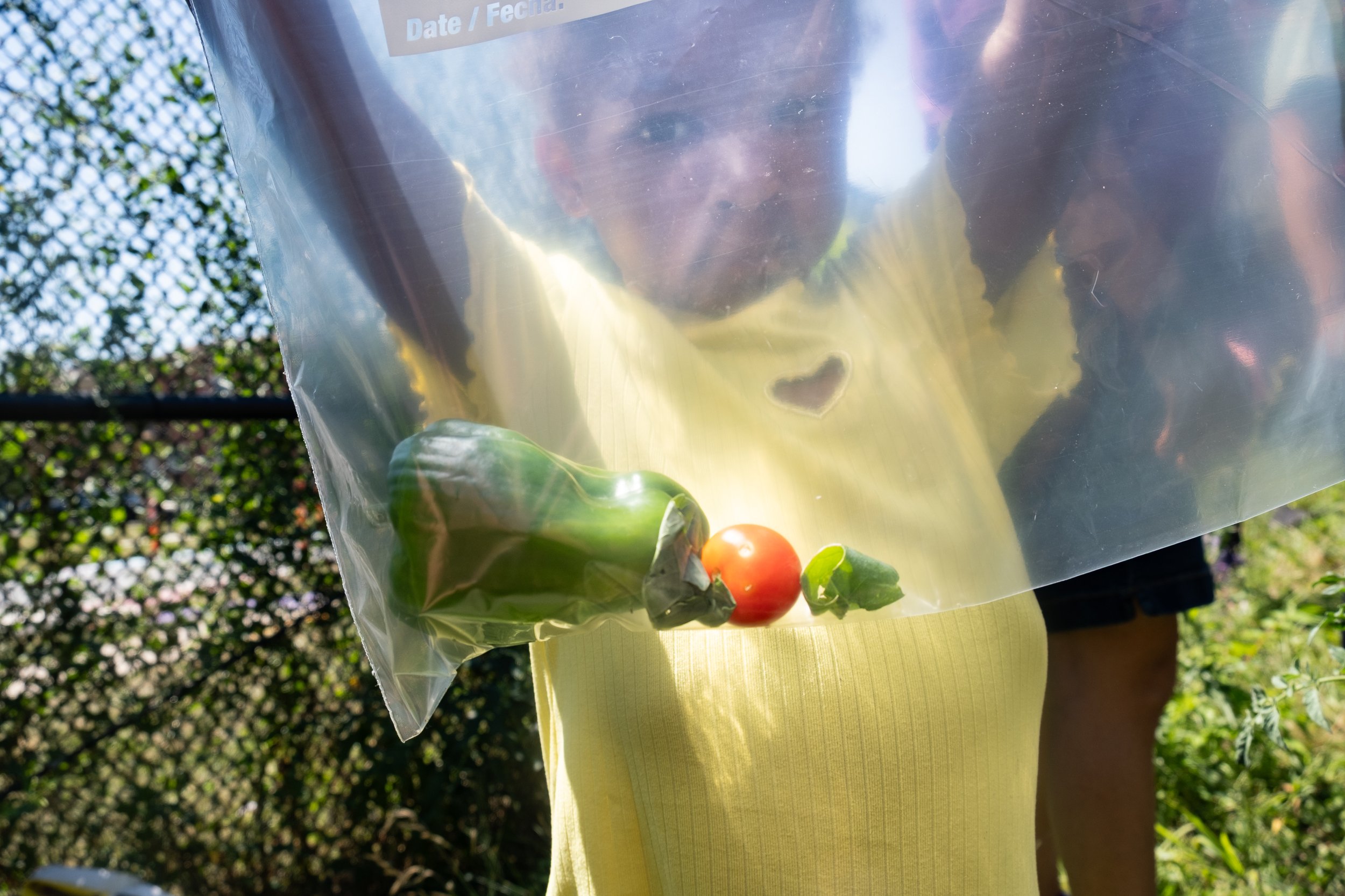 A Dr. King Elementary student shows off a Ziplock bag of vegetables she picked from the school's community garden.