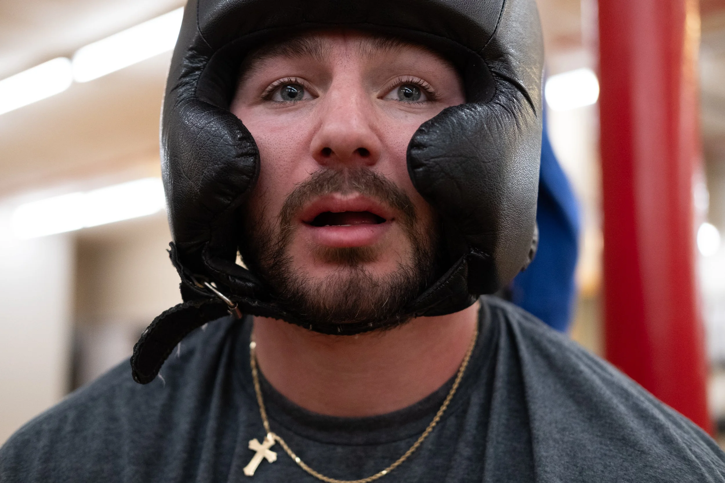  Francis Cerio recovers after sparing with his opponent at Prime Time Boxing &amp; Fitness Gym in Syracuse, NY. Photo by Rabia Mustafa.  