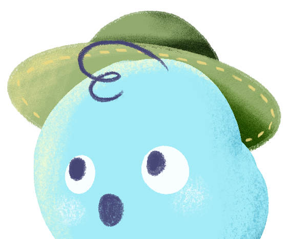 Cute animated character with a surprised expression, large eyes, a small round nose, and a green leaf hat with a curly tip.