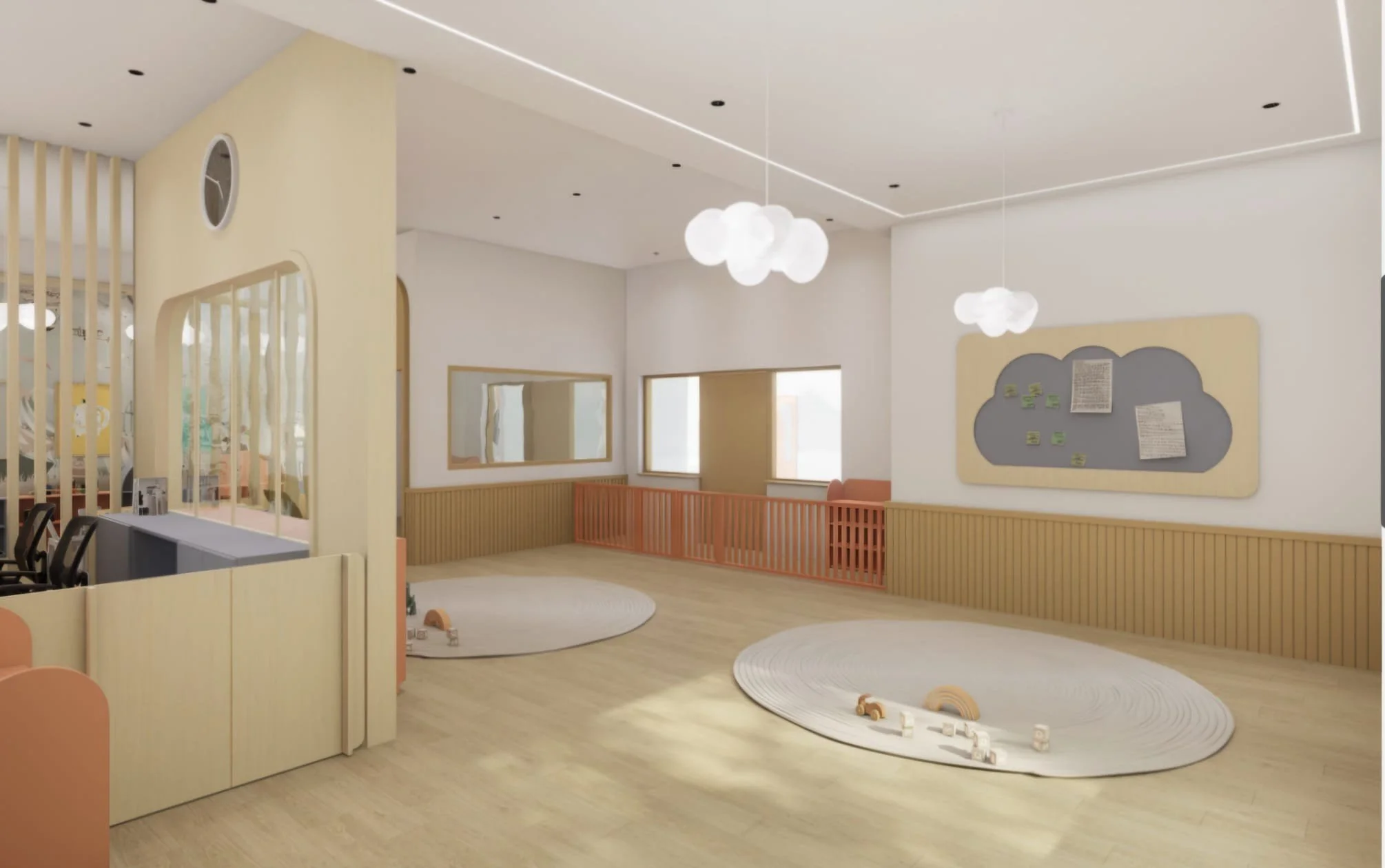 Empty brightly lit children's playroom with light wood floors, round rugs, wall-mounted bulletin board, windows, and hanging cloud-shaped lights.
