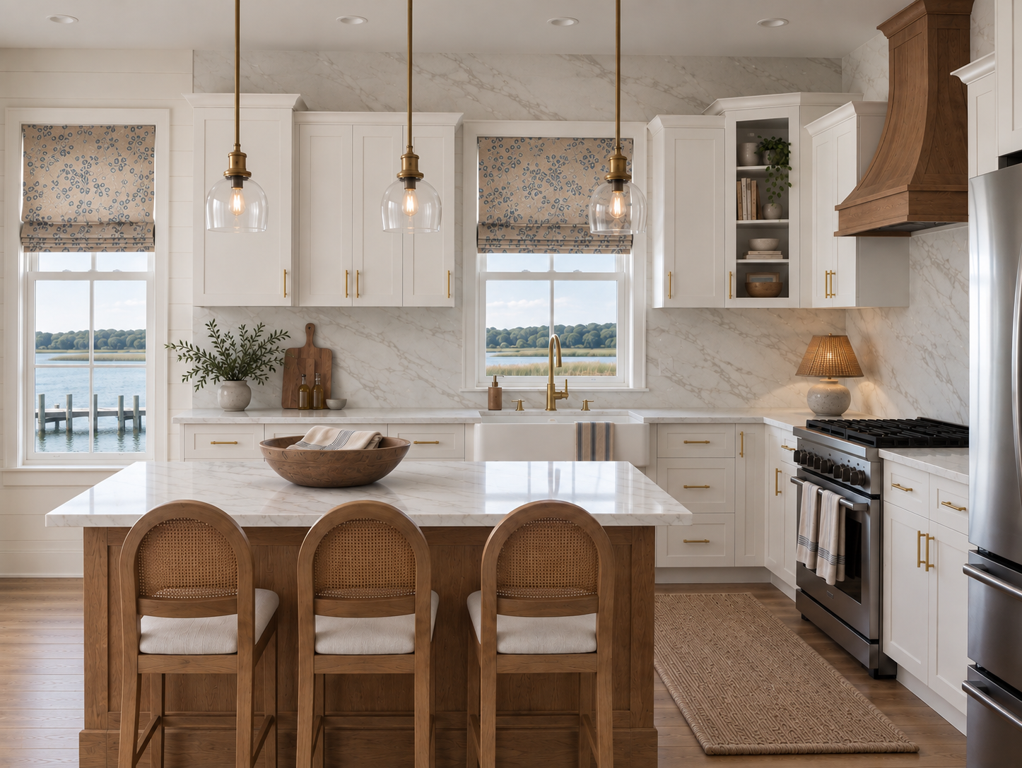 kitchenscape with marble backsplash, edison bulb pendant lighting and bay views outside the window.