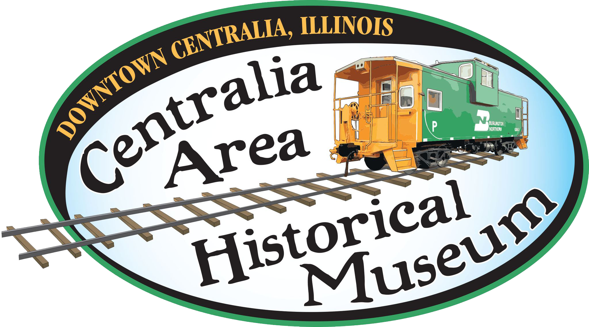 Logo for Downtown Centralia, Illinois, Centralia Area Historical Museum, featuring a green and orange train locomotive on train tracks with text around it.