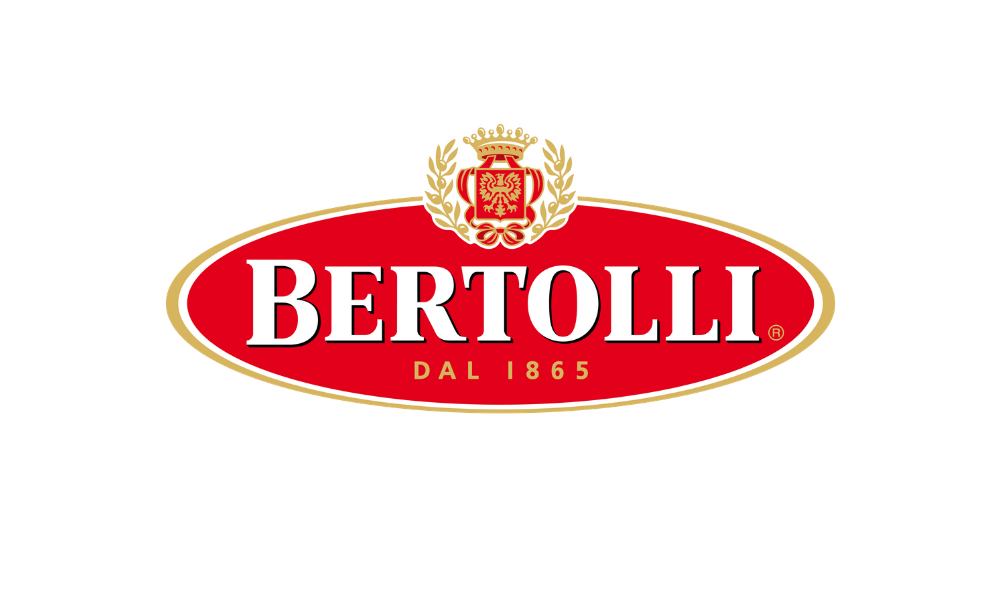 Bertolli logo with a crown and shield emblem, red oval background, and gold border, featuring the text 'Bertolli' and 'Dal 1865'.