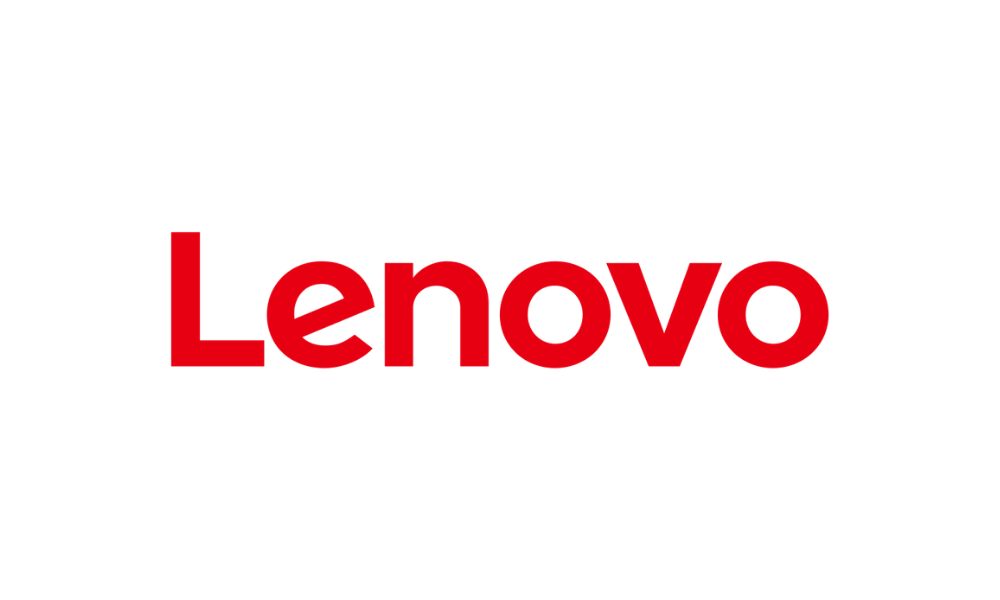 Lenovo logo with a black background and red text
