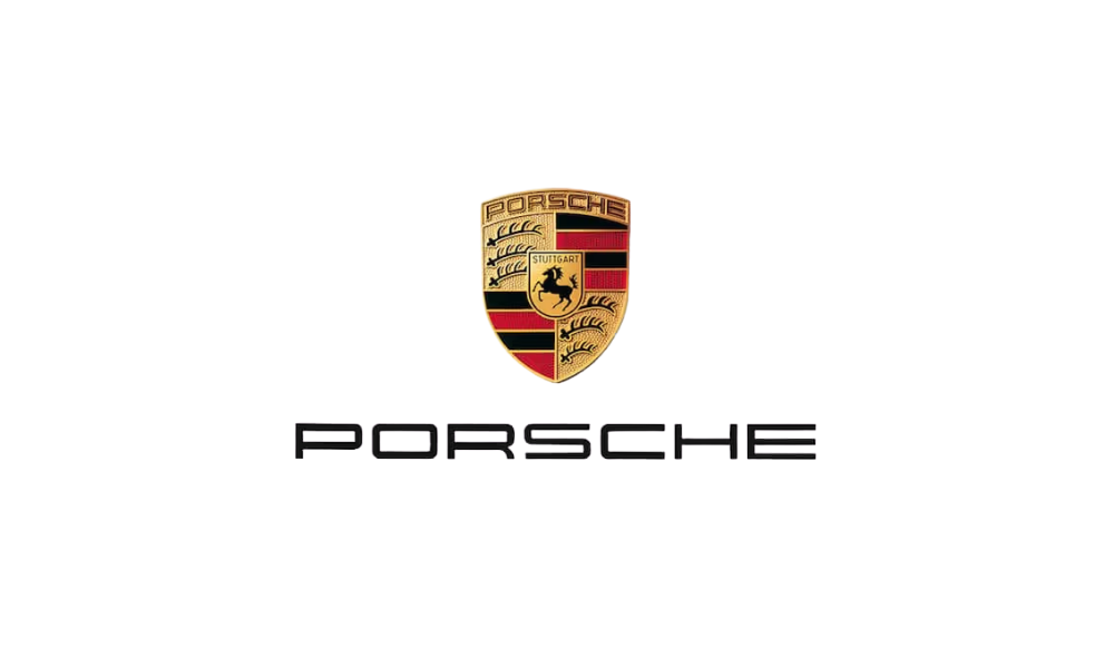 The Porsche logo with the brand name below and colorful light streaks extending from the emblem on a black background.