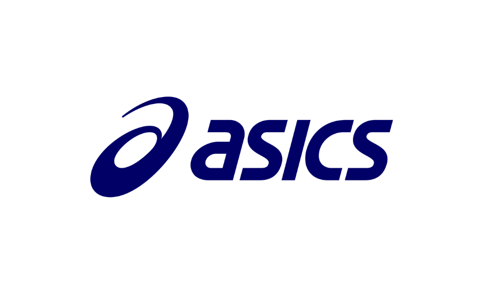 Logo of the brand ASICS with a stylized swoosh and the brand name in dark blue.