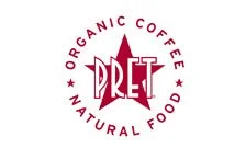 Logo for Pret, featuring the word 'Pret' inside a red circle with the words 'Organic Coffee' and 'Natural Food' around it.